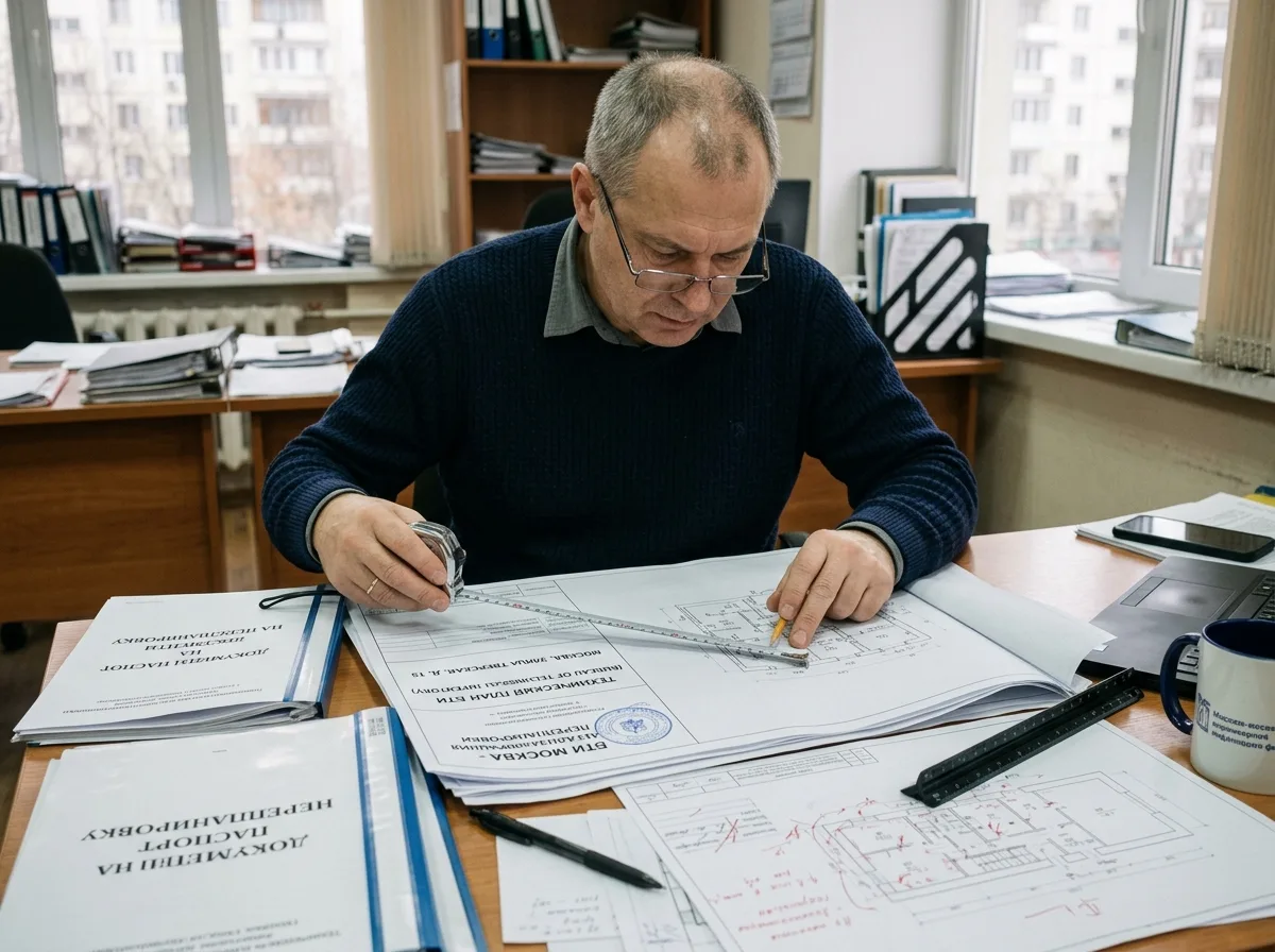 Специалист изучает план БТИ квартиры для узаконивания уже выполненной перепланировки в Москве — документы, рулетка, чертежи